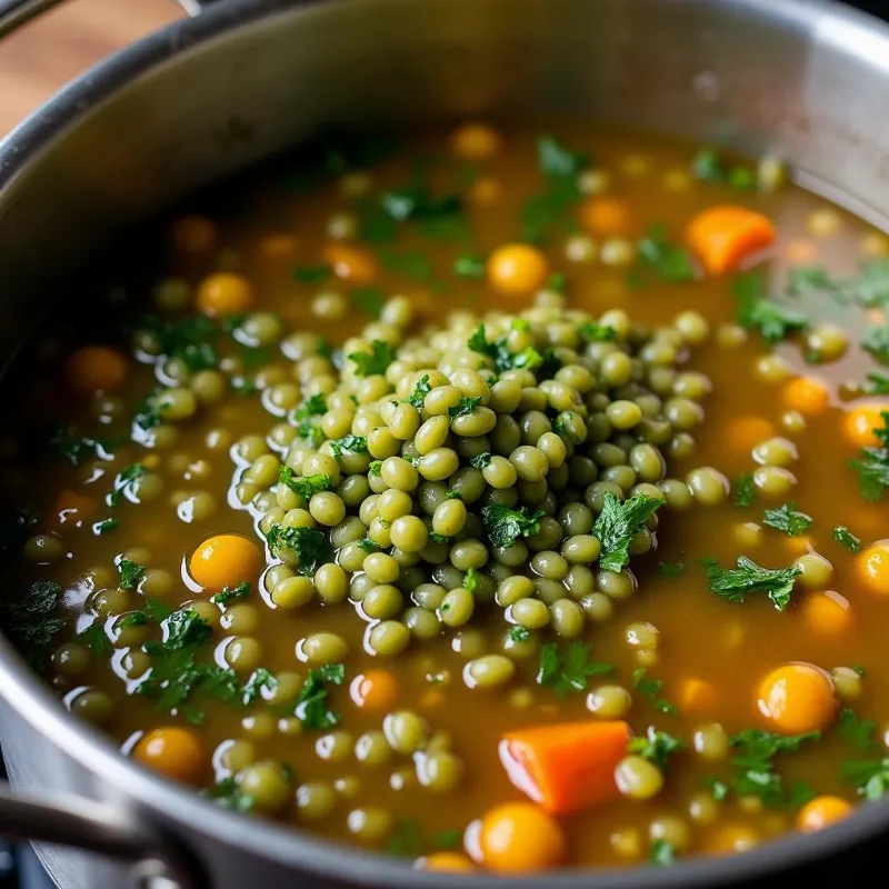 Vegan green lentils simmering in a pot