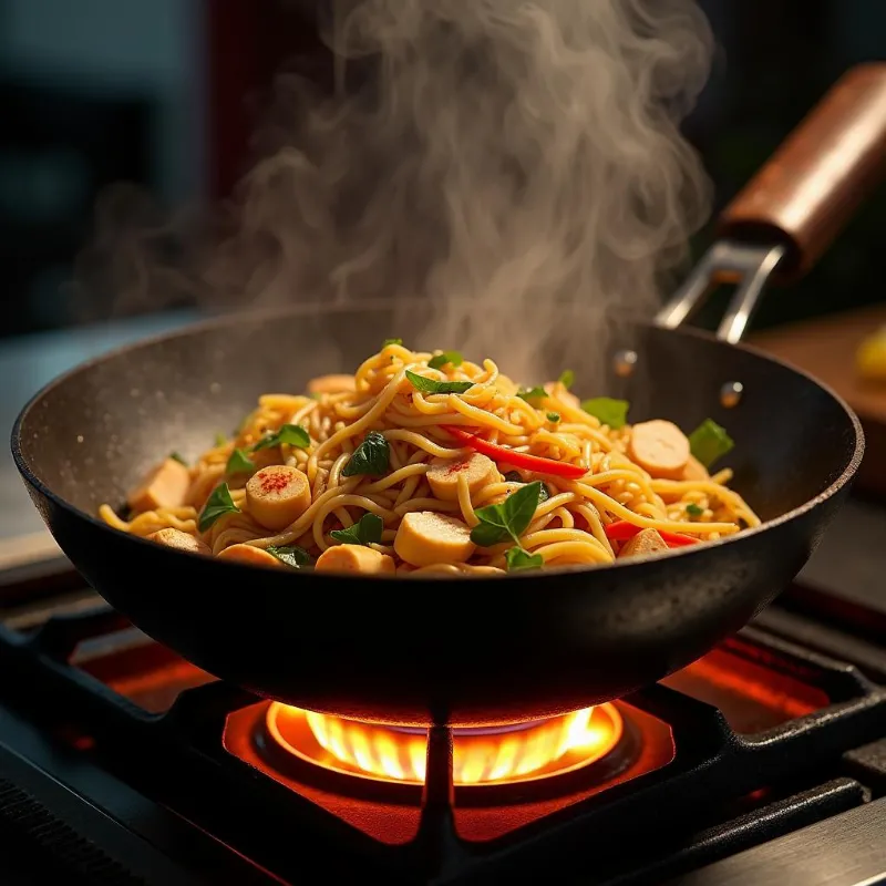 Close-up shot of vegan pad thai being stir-fried in a wok