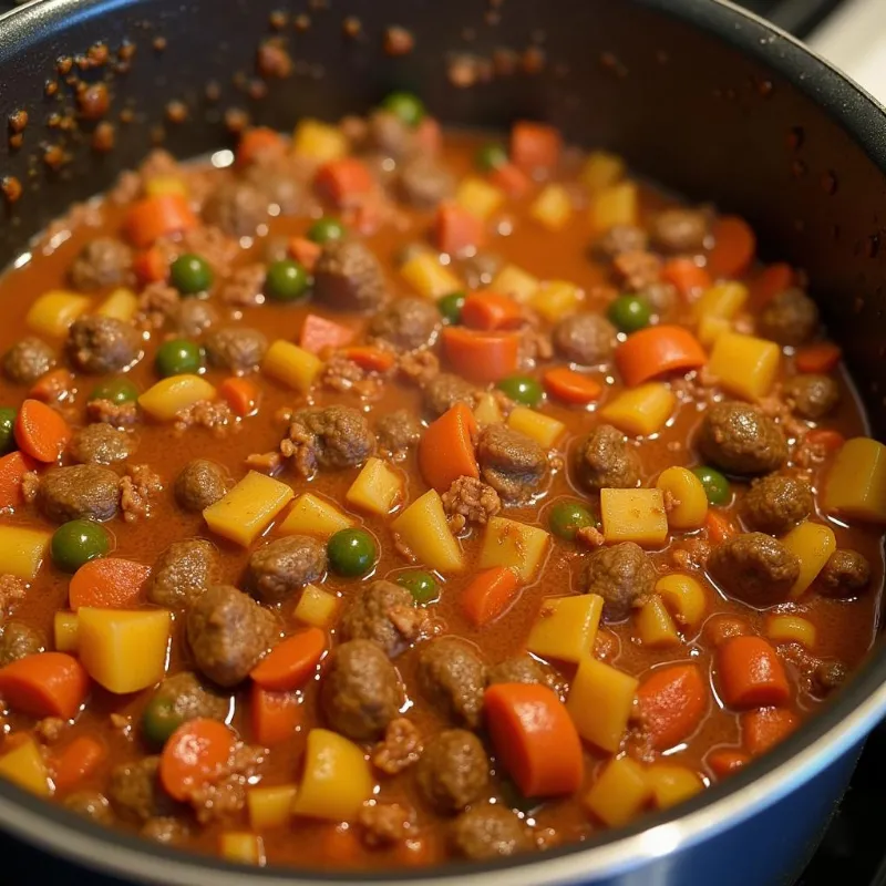 Vegan sloppy joe mixture simmering in a pot on a stovetop