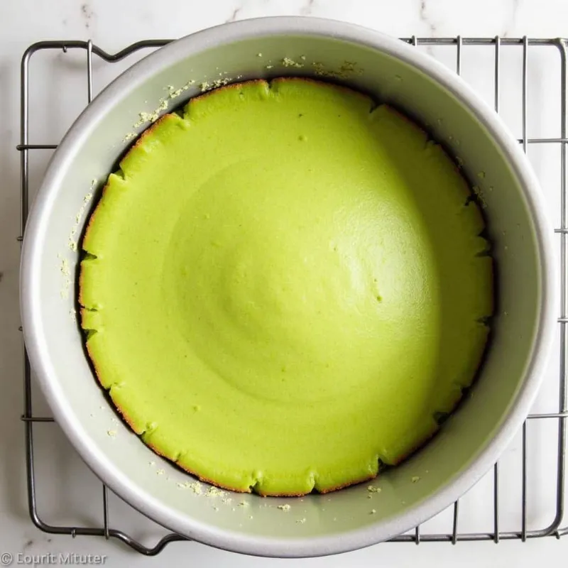 Freshly baked matcha cake cooling on a wire rack