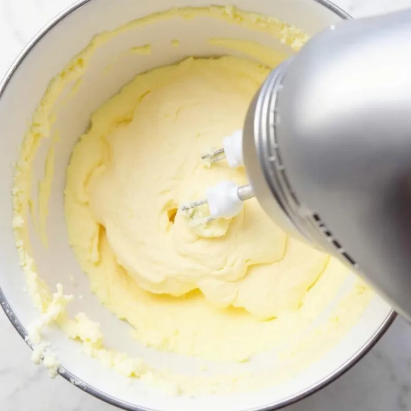 Close-up of vegan butter and sugar being creamed together in a mixing bowl