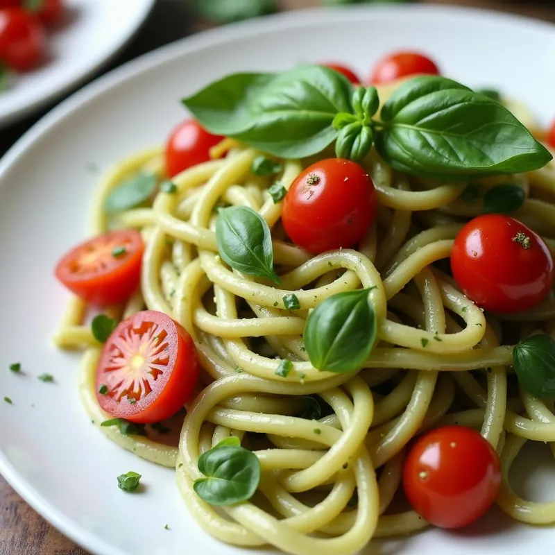 Creamy avocado pasta garnished with fresh basil and cherry tomatoes