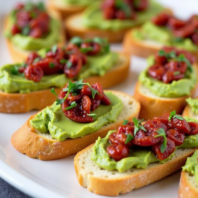 Creamy avocado and sun-dried tomato crostini on a platter.