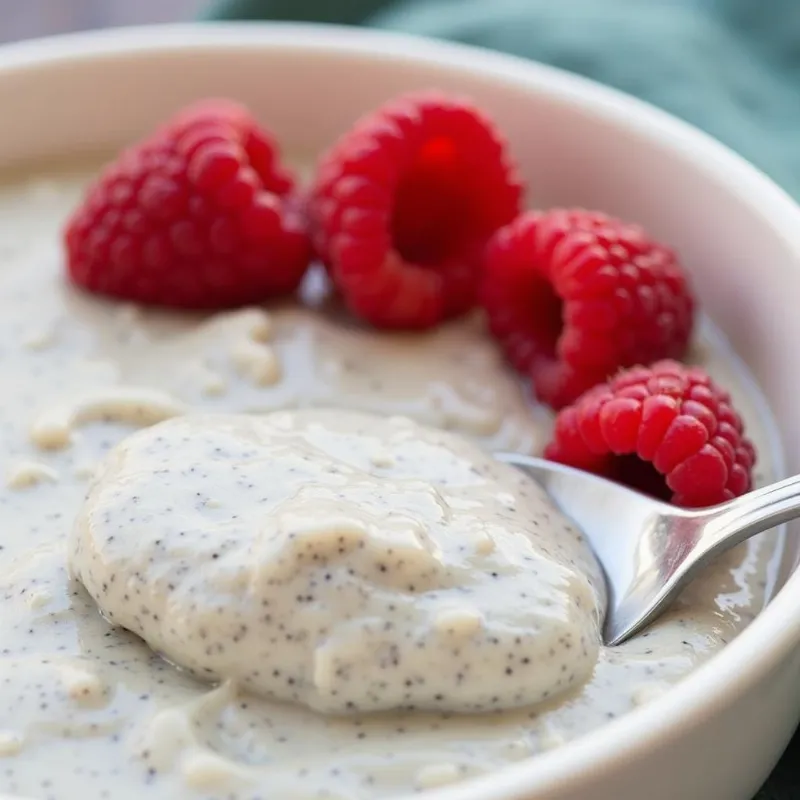 Close-up photo of a spoon scooping up creamy coconut chia seed pudding from a bowl, topped with fresh raspberries.