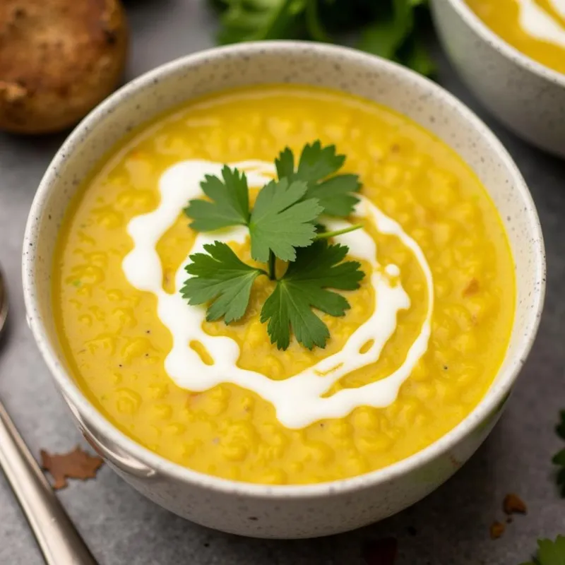 Creamy coconut rice soup with turmeric in a bowl.