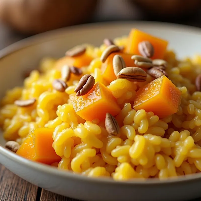 A bowl of creamy butternut squash risotto topped with toasted pine nuts. 