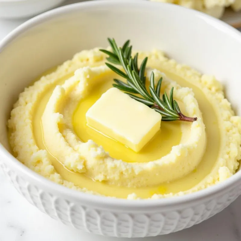 Vegan Cauliflower Mash in a Bowl with a Sprig of Rosemary