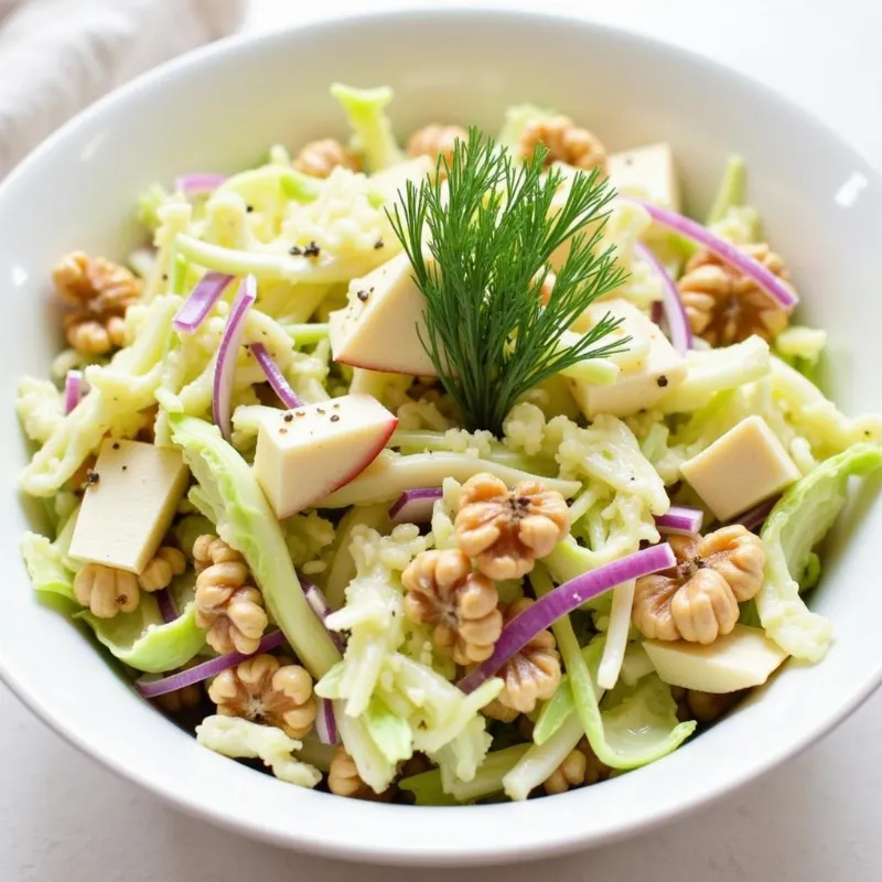 A bowl of creamy vegan coleslaw with apple and walnuts.