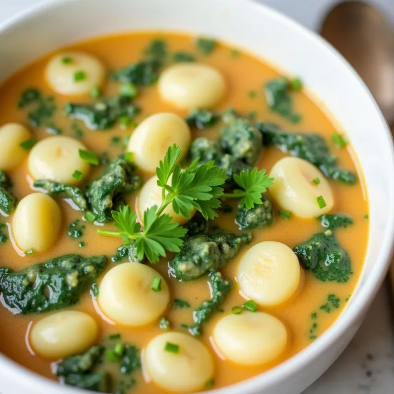 Bowl of creamy vegan gnocchi soup garnished with parsley