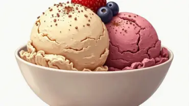 Two scoops of creamy vegan ice cream in a bowl