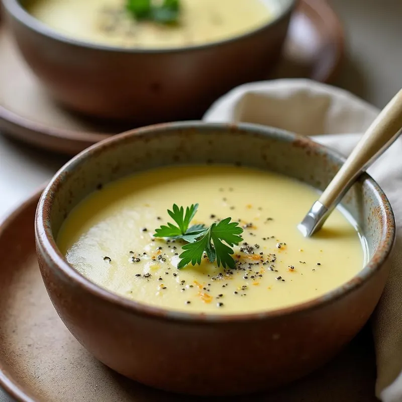 Two bowls of steaming vegan leek and potato soup topped with fresh parsley.