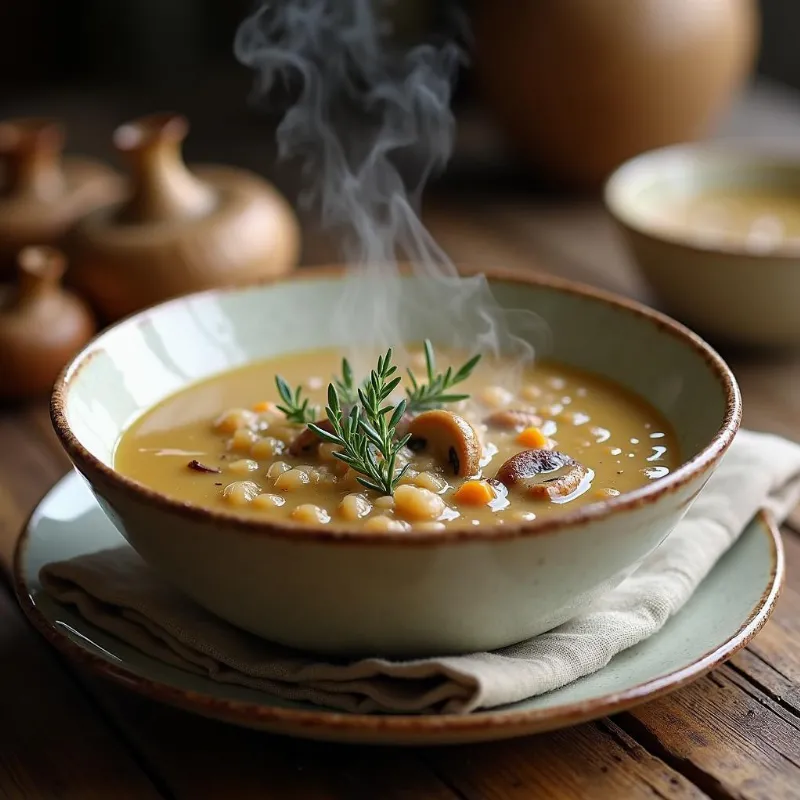 Steaming bowl of creamy vegan mushroom barley soup