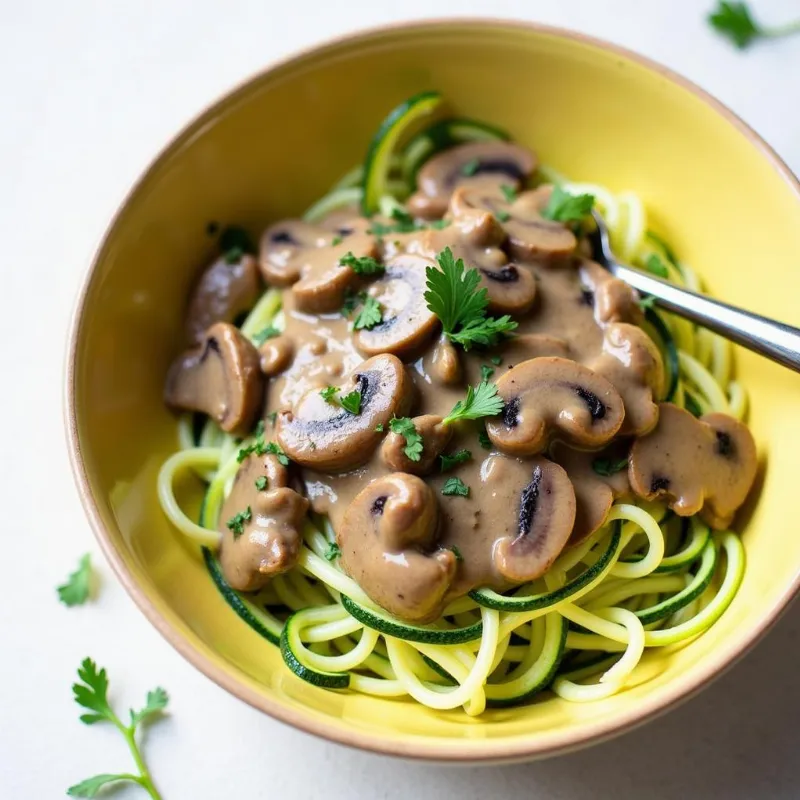 Vegan mushroom stroganoff served over zucchini noodles