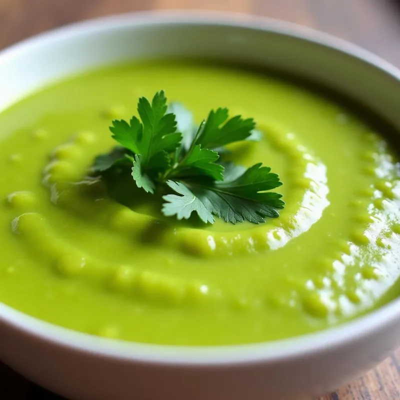 Creamy vegan pea soup in a bowl