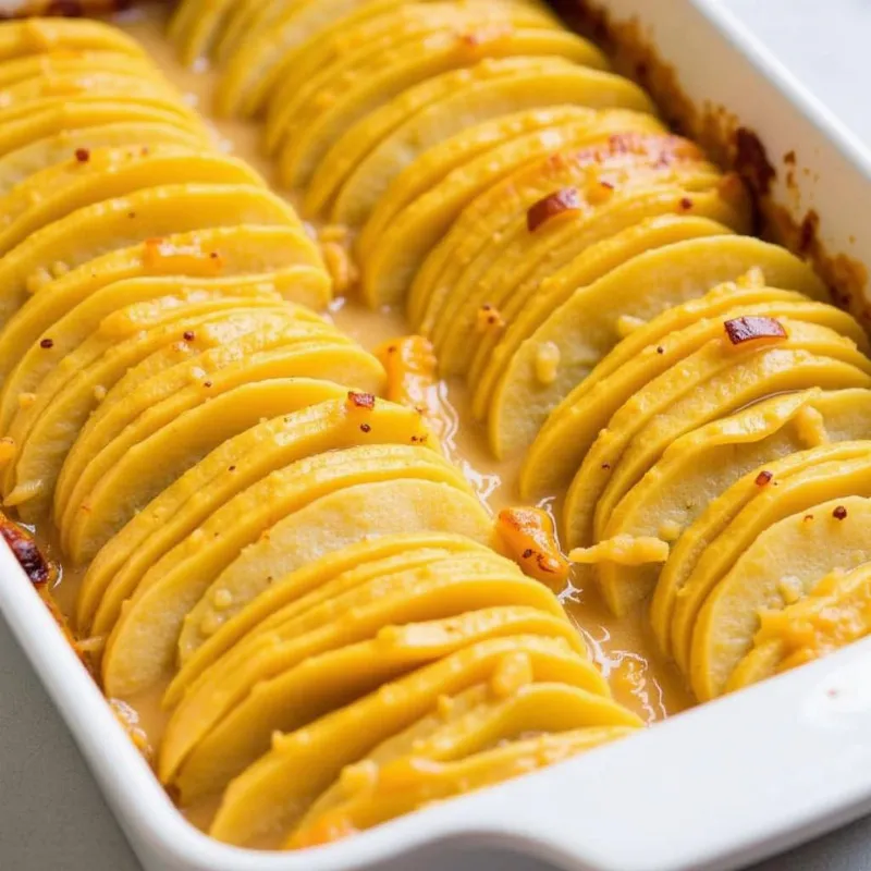 Vegan scalloped potatoes in a baking dish