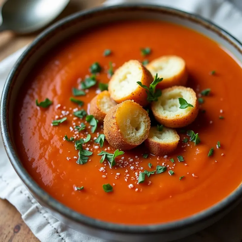 Bowl of creamy vegan tomato soup with croutons