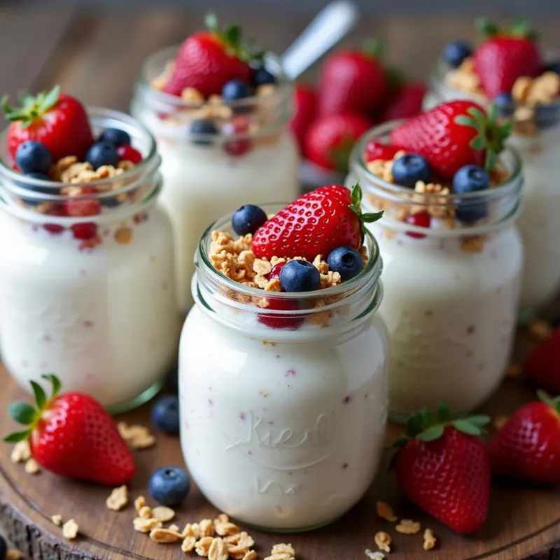 Creamy white vegan yogurt in glass jars, topped with berries and granola.