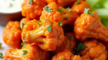 Vegan Buffalo Cauliflower Wings on a Plate with Celery and Dip