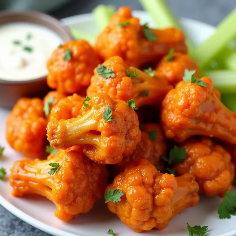 Vegan Buffalo Cauliflower Wings on a Plate with Celery and Dip