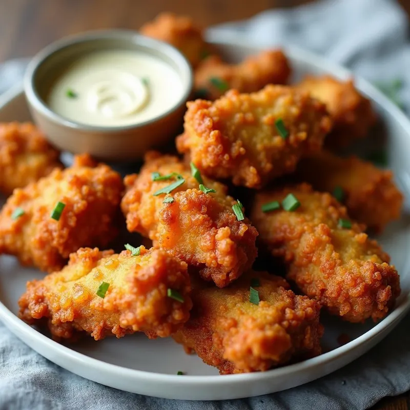 Plate of crispy vegan fried chicken with a dipping sauce.