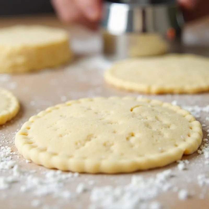 Cutting vegan biscuit dough with a round cutter on a floured surface.