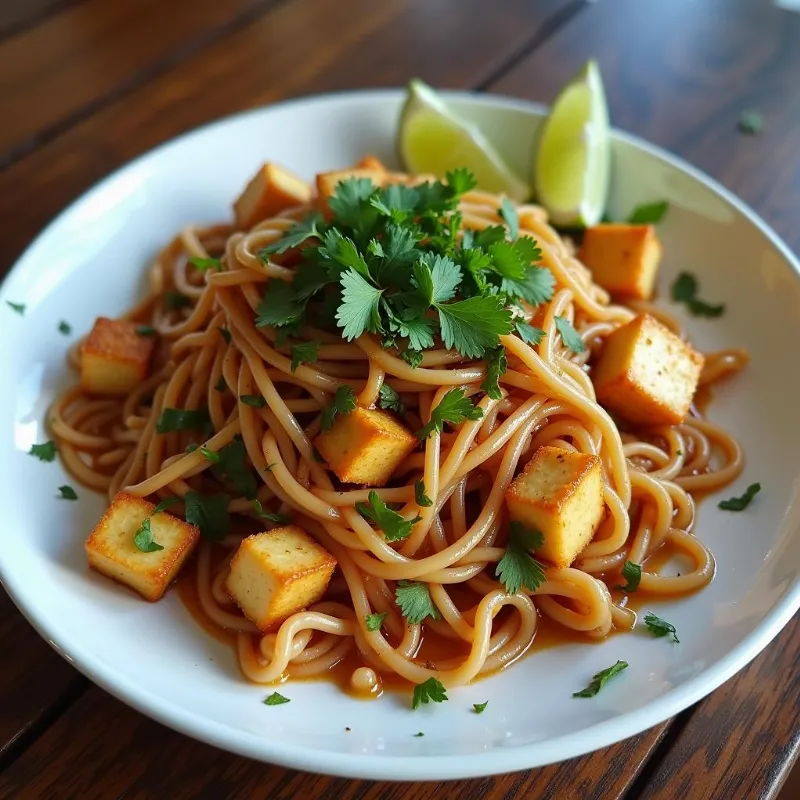 A plate of vibrant vegan pad thai garnished with fresh cilantro and lime wedges