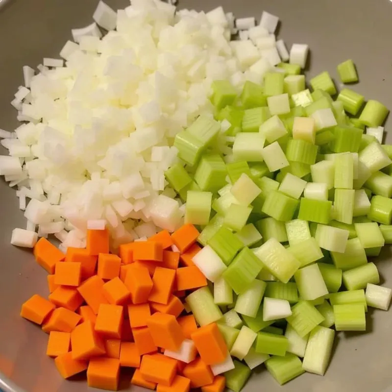 Diced onion, celery, and carrots on a cutting board