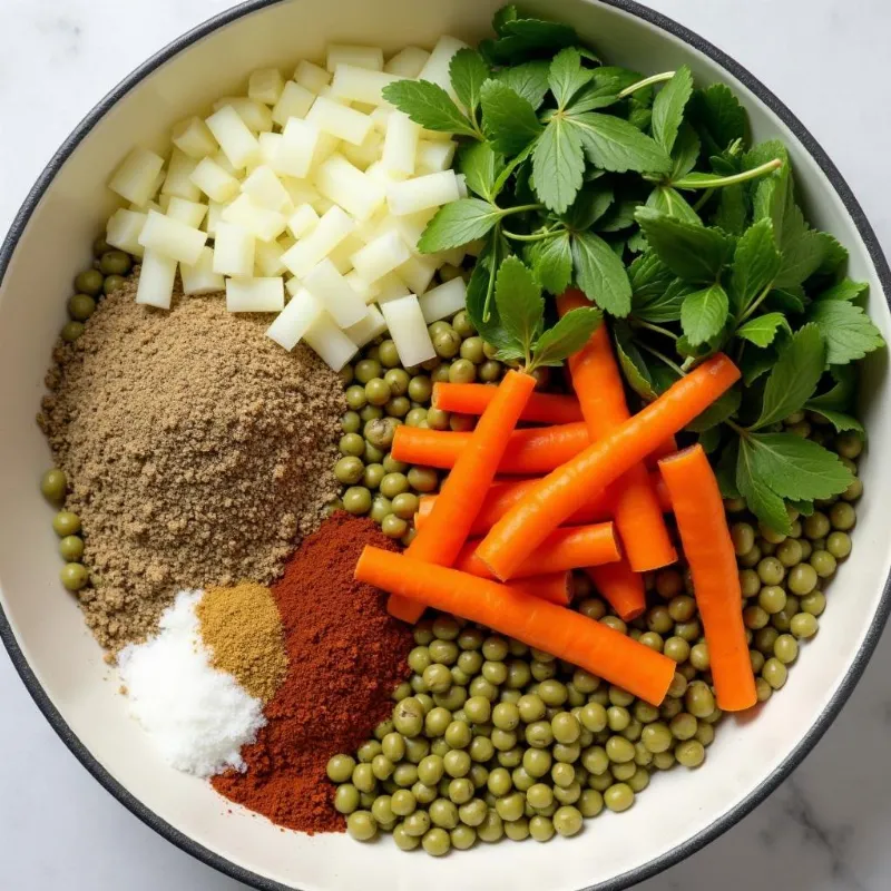 A wooden cutting board with diced carrots, celery, and onion alongside a bowl of spices.