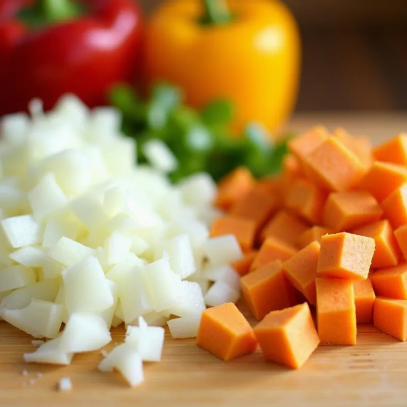 Diced onion, bell pepper, and sweet potato for a vegan breakfast burrito