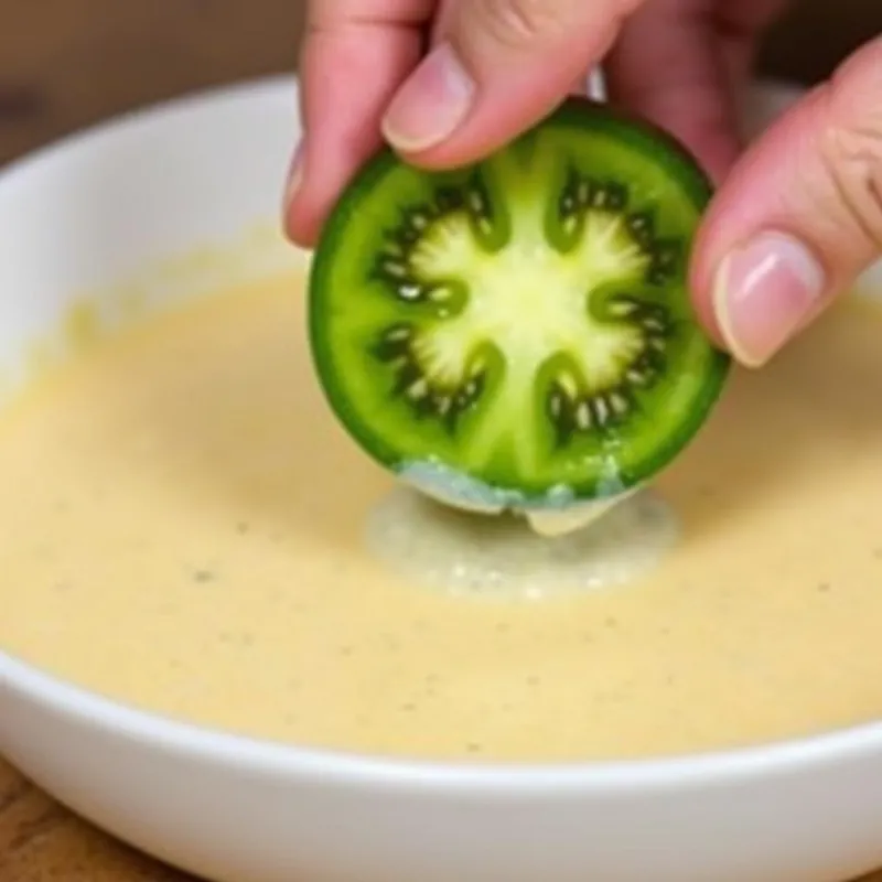 Dipping a green tomato slice into batter