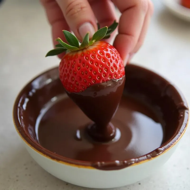 Dipping fresh strawberries in melted vegan dark chocolate.