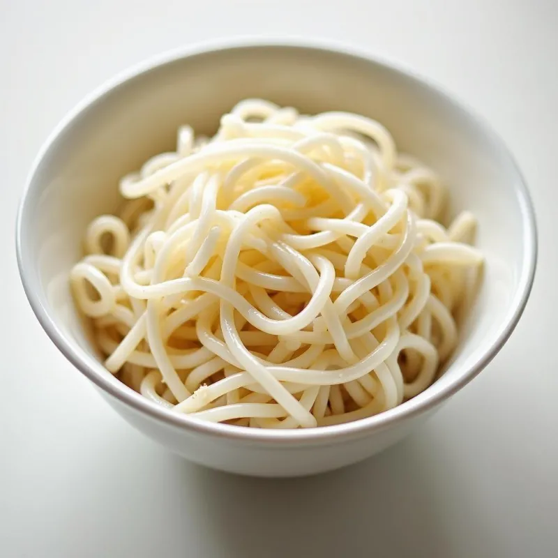 Dried wide rice noodles in a bowl