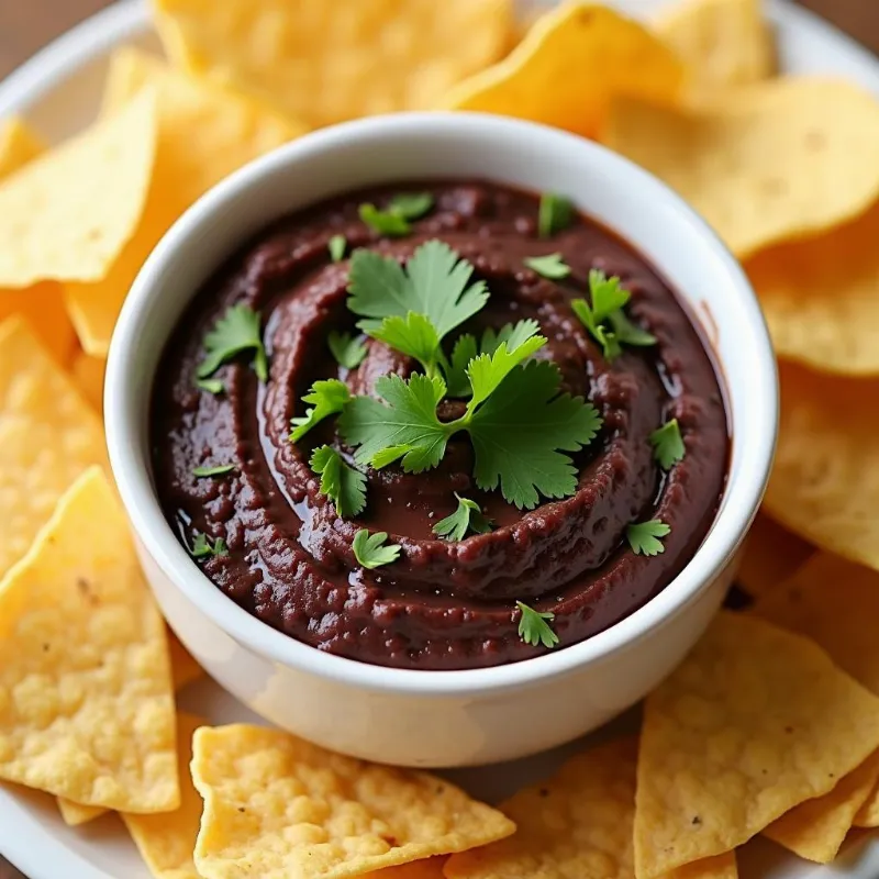 A bowl of easy black bean dip garnished with cilantro served with tortilla chips.