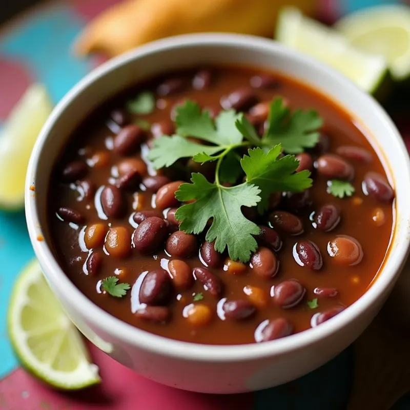 Bowl of easy vegan black bean soup topped with fresh cilantro and lime wedges