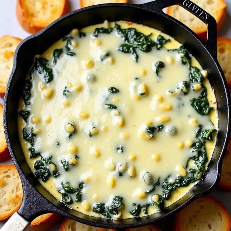 Easy vegan spinach and artichoke dip served in a skillet with toasted bread for dipping.