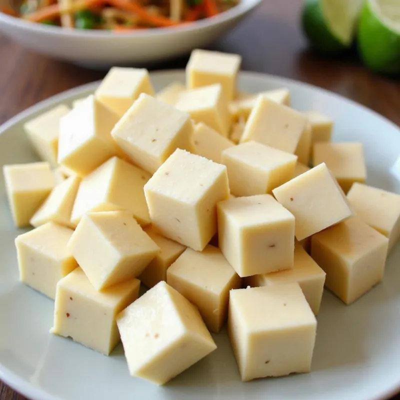 Extra-firm tofu pressed and cubed on a plate