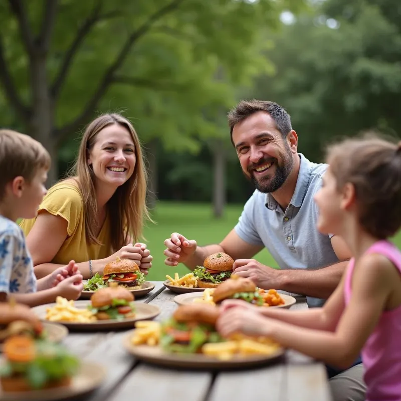 Family Enjoying Vegan Burgers Outdoors