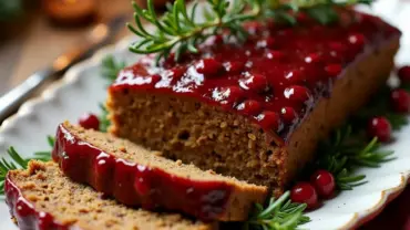 Vegan lentil loaf with cranberry glaze on a festive table setting.