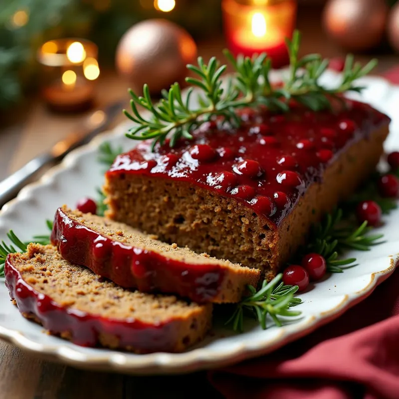 Vegan lentil loaf with cranberry glaze on a festive table setting.