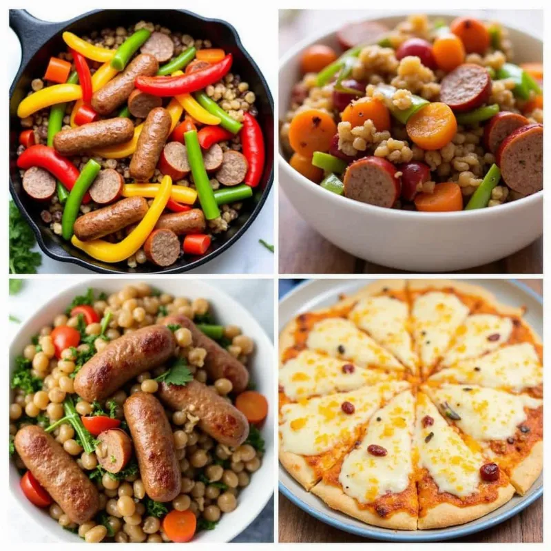 Different dishes featuring field roast vegan sausages