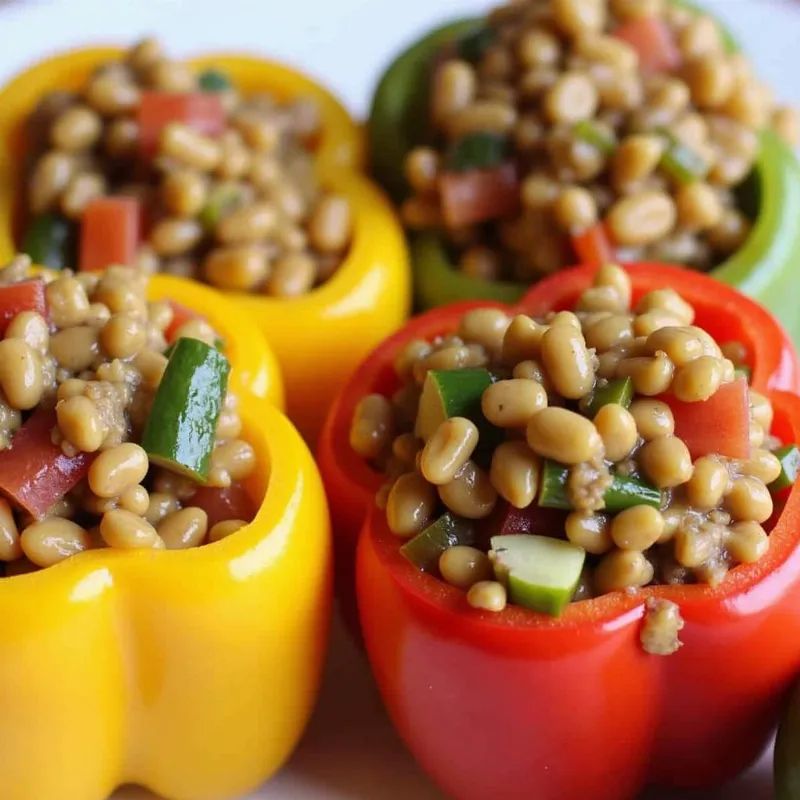 A hand is carefully spooning the prepared vegan filling into halved bell peppers arranged in a baking dish.