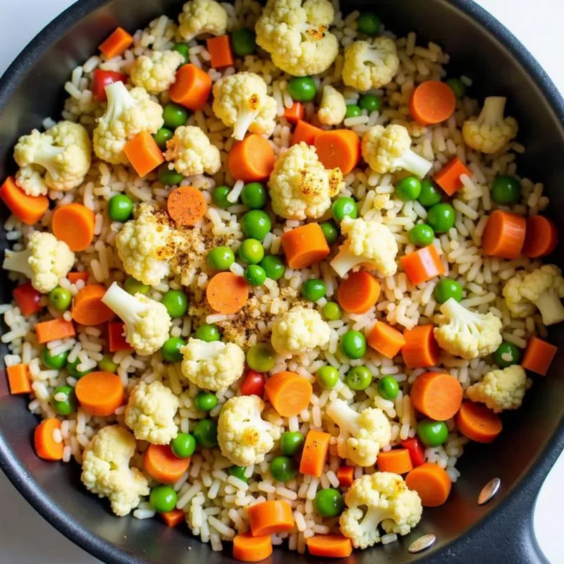 Vegan Cauliflower Rice in a Pan with Vegetables