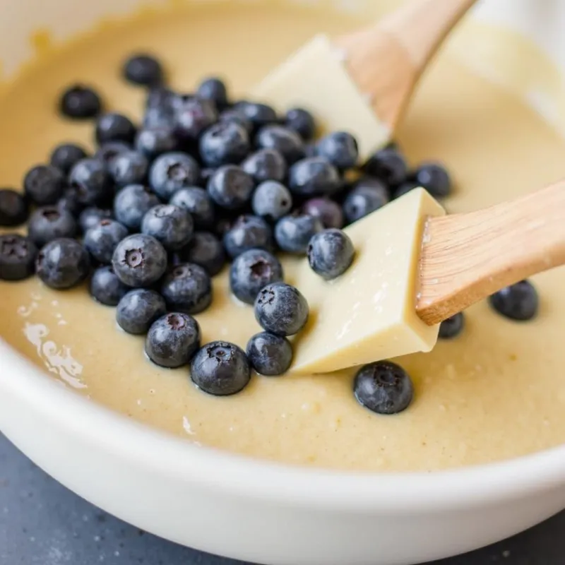 Gently folding blueberries into the vegan banana muffin batter