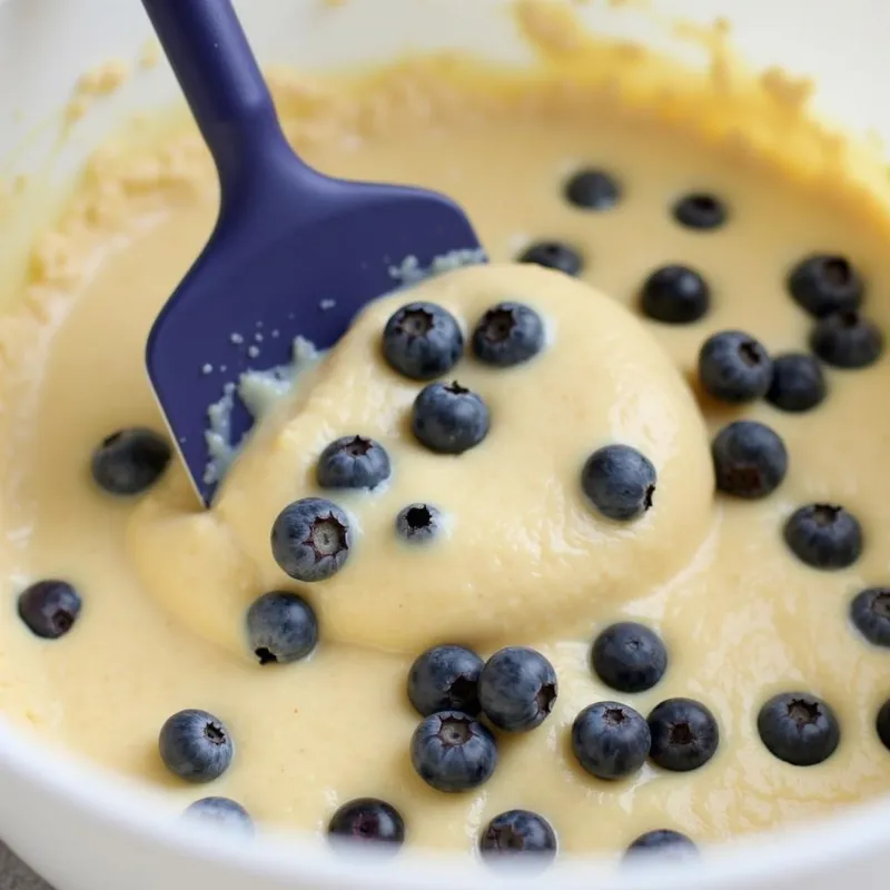 Gently incorporating blueberries into the batter for vegan muffins