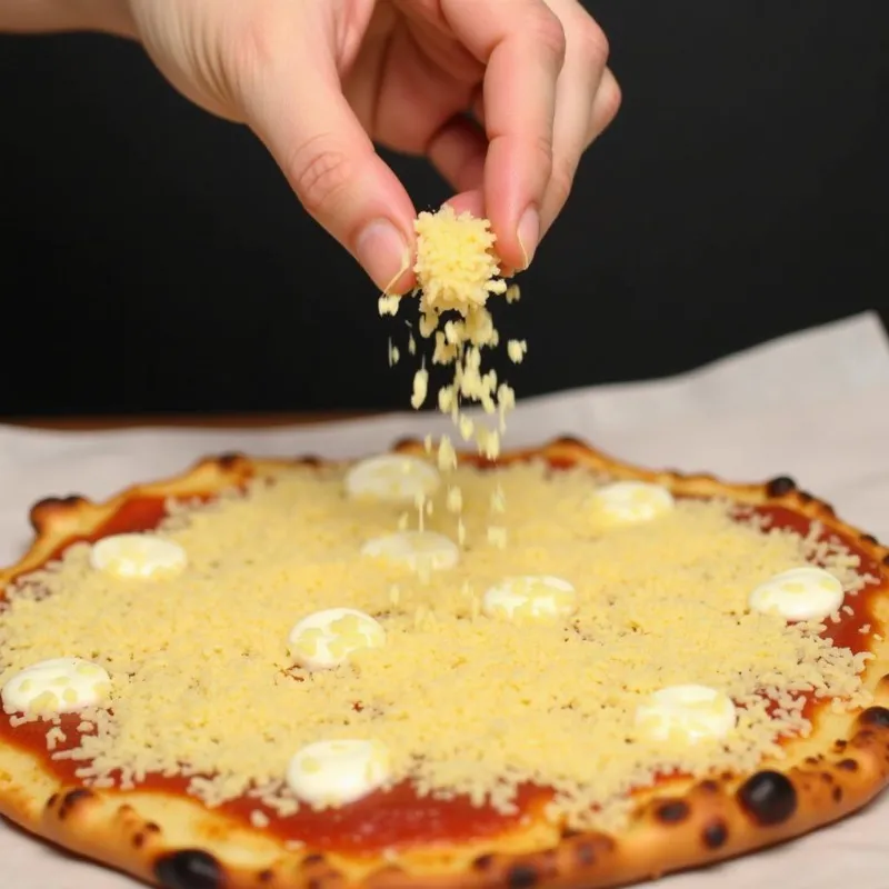 Sprinkling Follow Your Heart Vegan Parmesan on Pizza