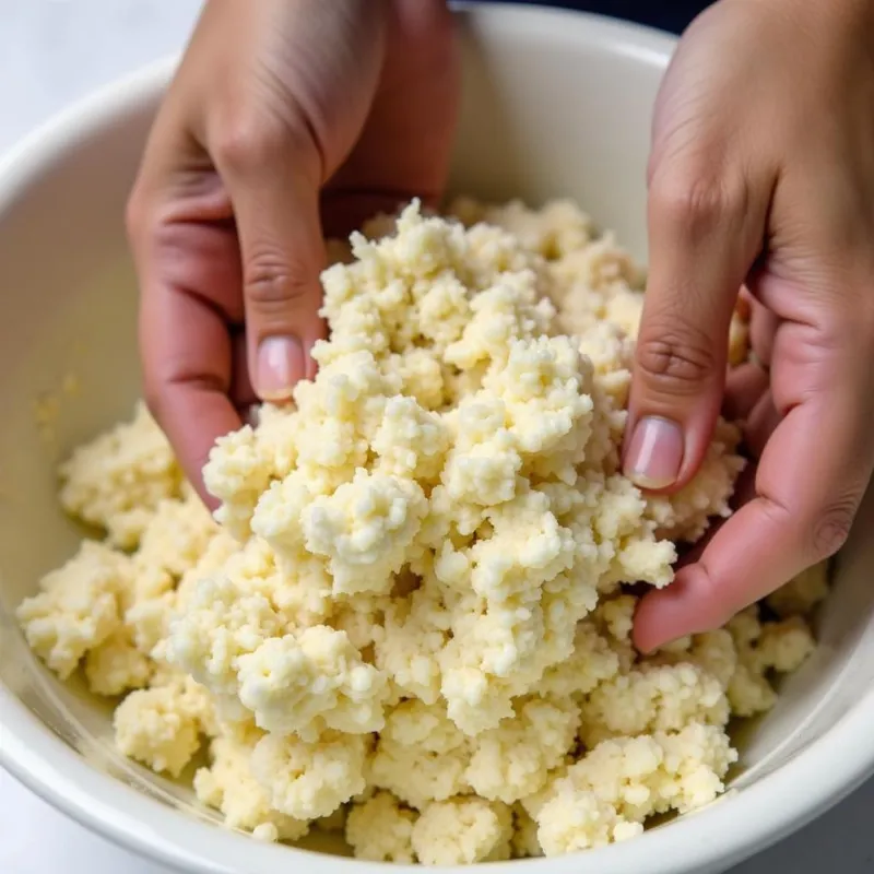 Hands kneading cauliflower mixture into a dough for vegan pizza