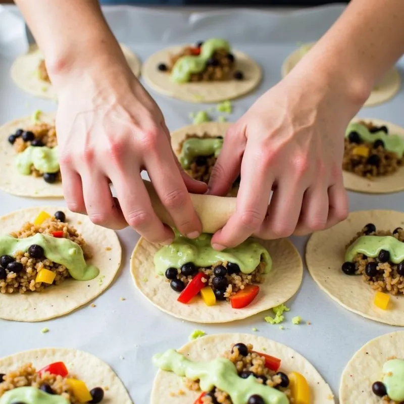  Hands rolling vegan burritos for freezing