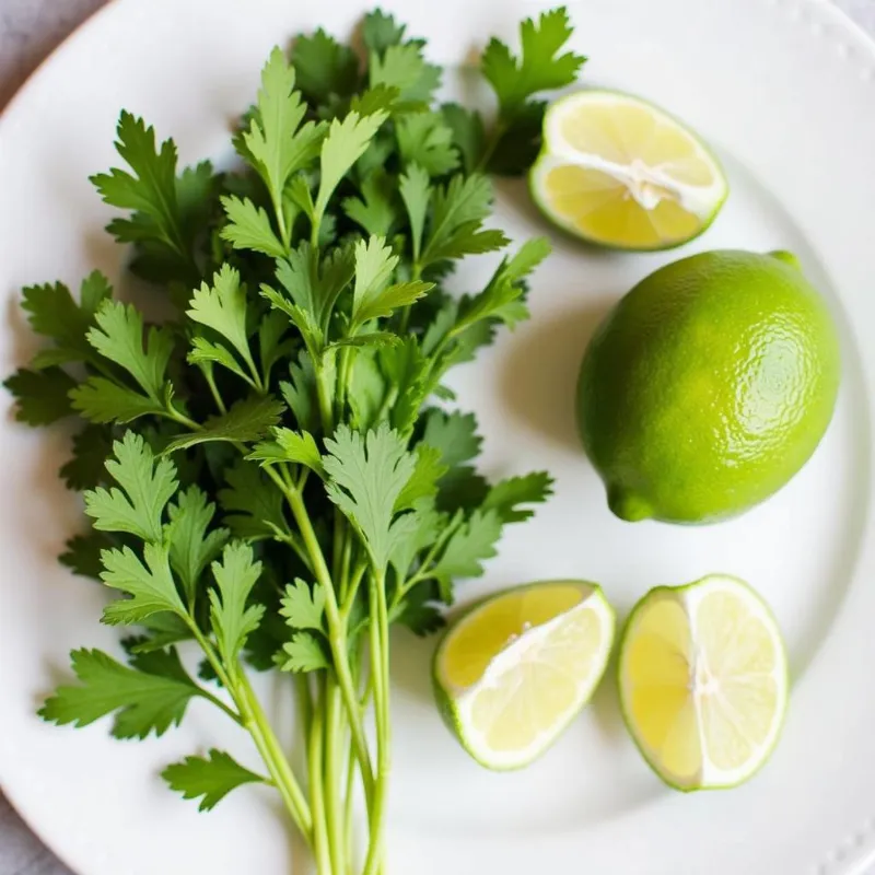 Fresh cilantro sprigs and lime wedges