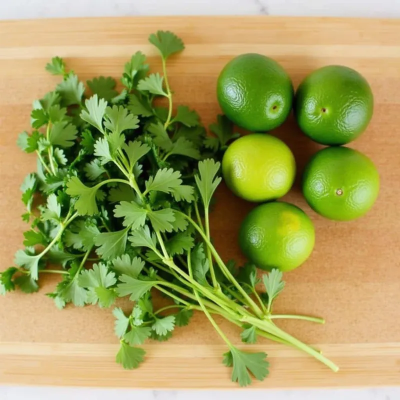 Fresh cilantro and limes on a cutting board