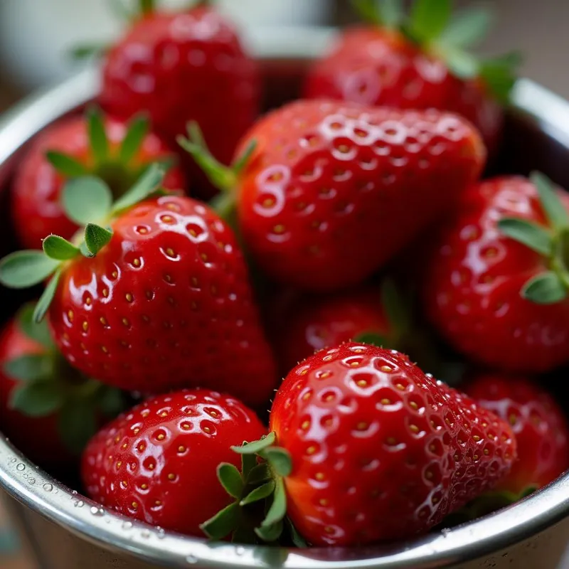 Freshly washed strawberries in a colander.